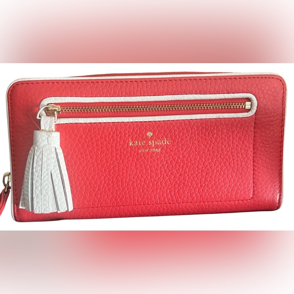 kate spade Red and White Zip-Around Tassel Wallet - Picture 2 of 10